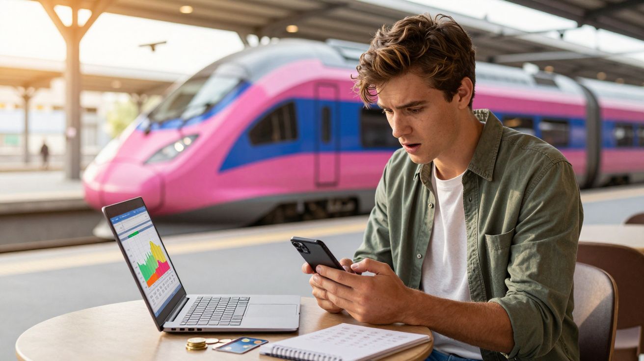 Jovem sentado em estação de trem usando celular e laptop com gráfico na tela, com trem rosa ao fundo.