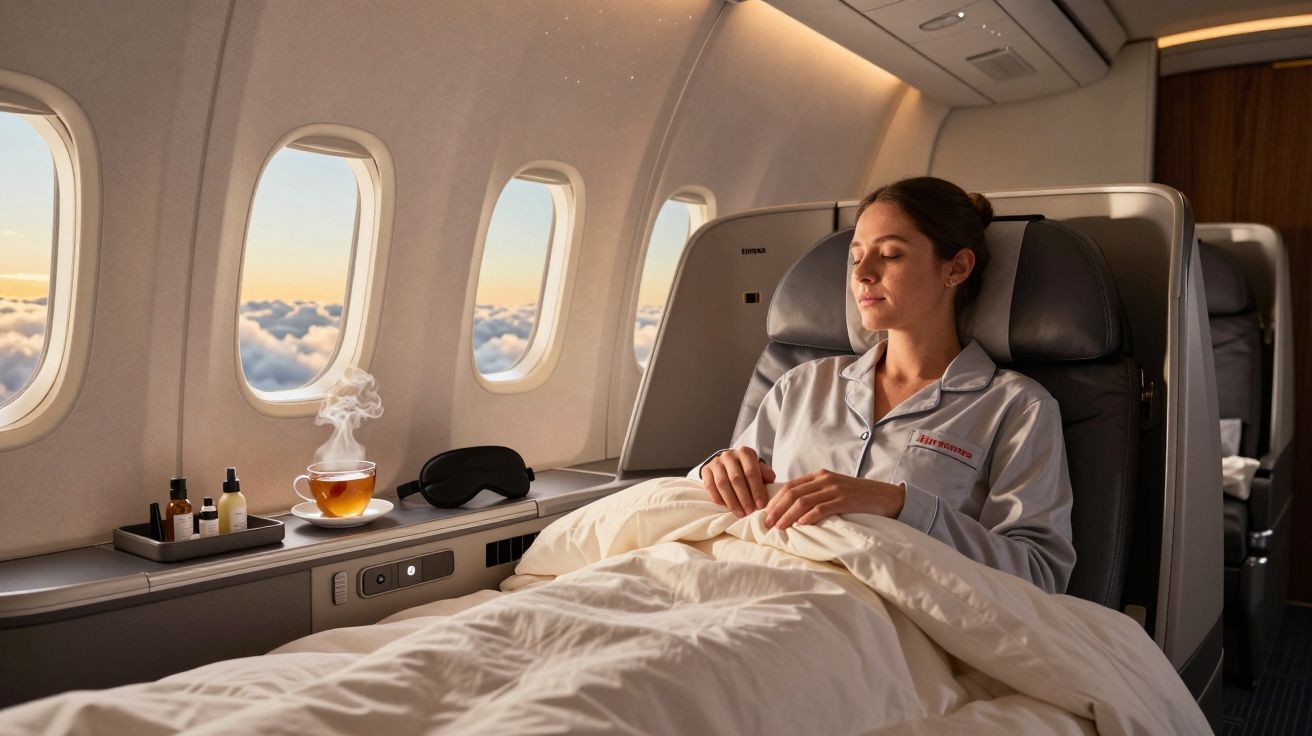 Mulher relaxando em poltrona de avião com cobertor, chá quente e máscara de dormir ao lado da janela.