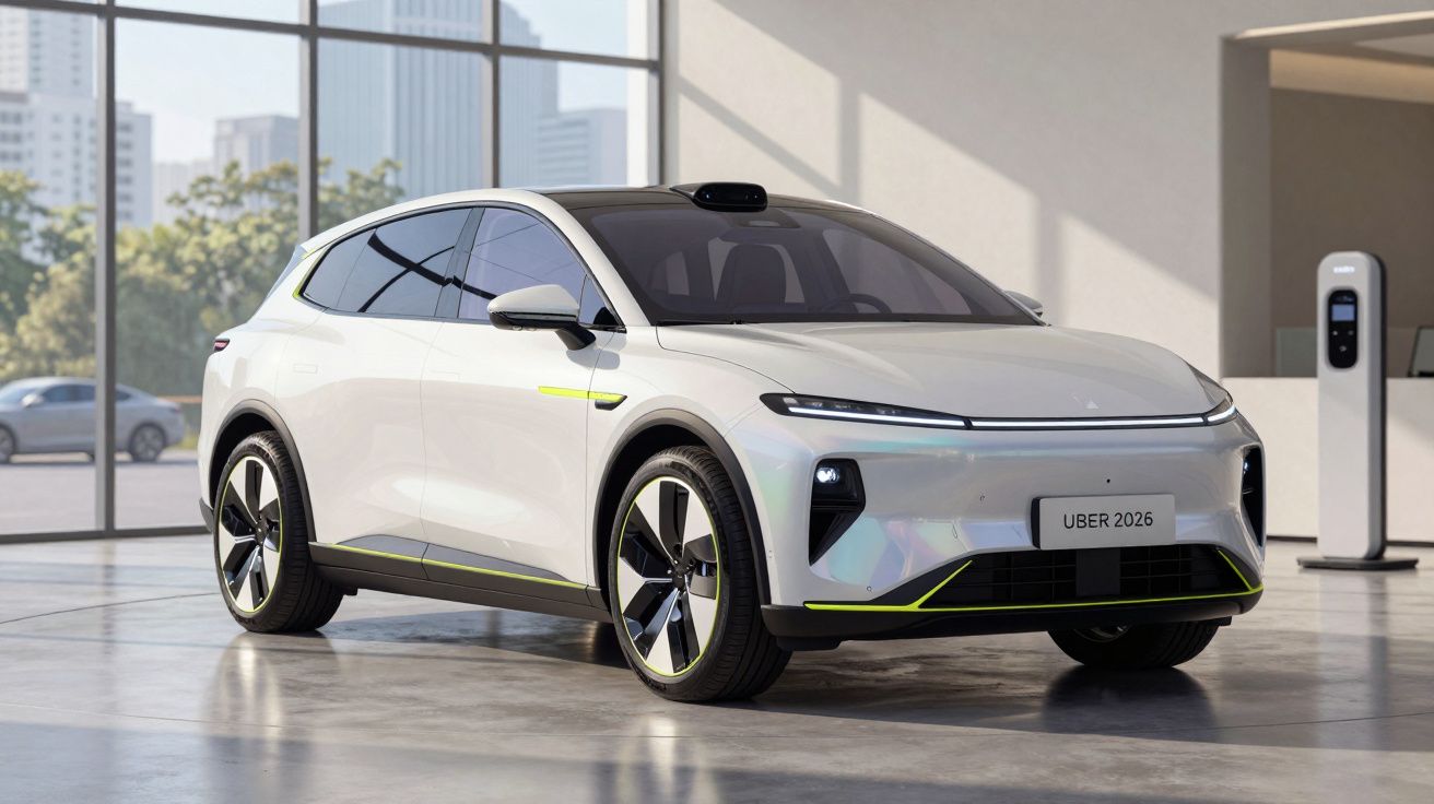 Carro elétrico branco futurista estacionado em ambiente interno com grande janela e carregador ao fundo.