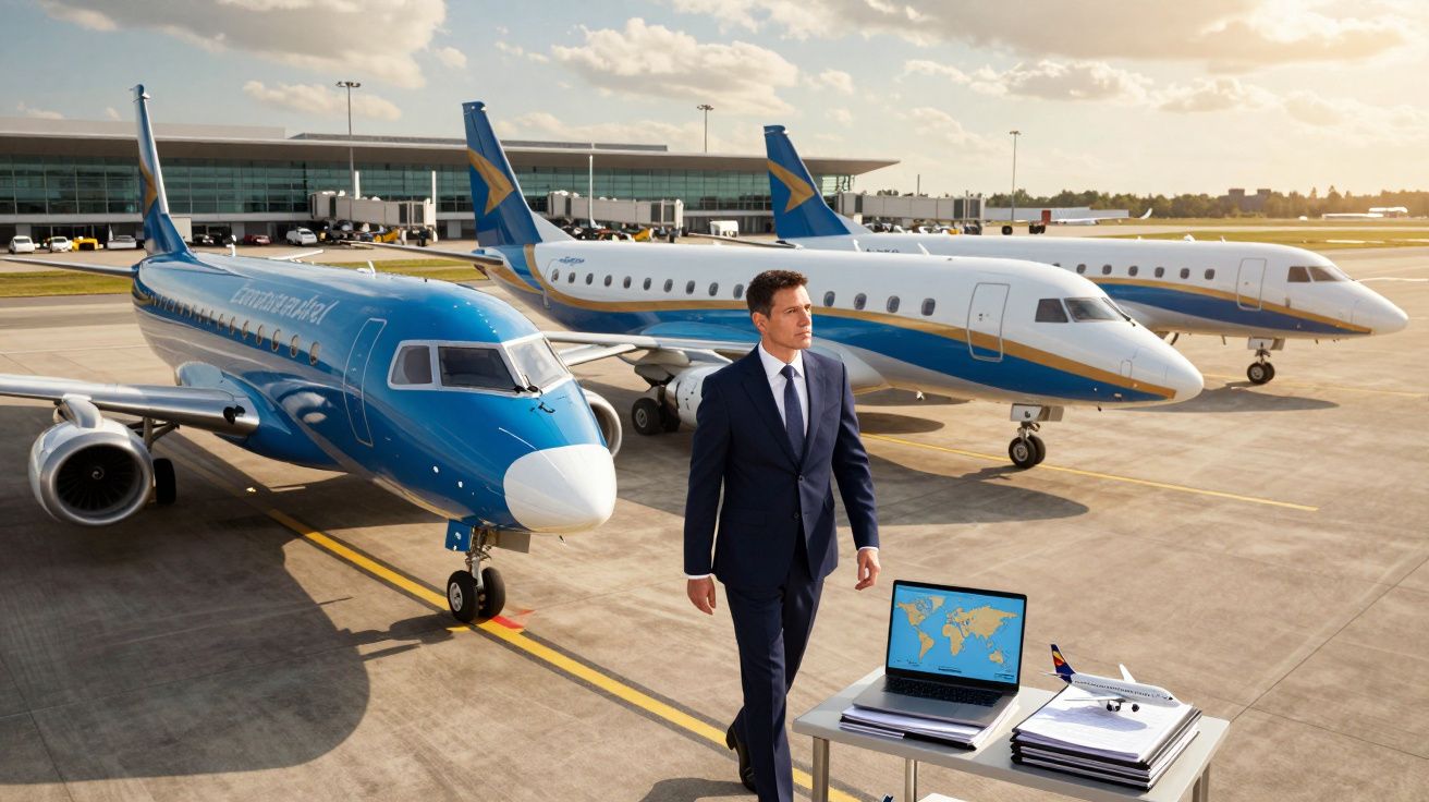 Homem de terno caminha no aeroporto próximo a três aviões estacionados ao lado de laptop com mapa-múndi.