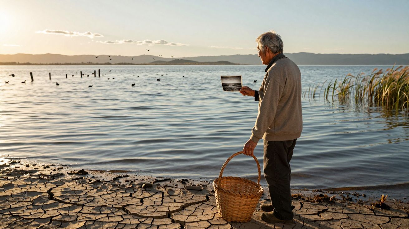 Homem idoso com cesta observa foto perto de margem seca e rachada de lago ao pôr do sol.