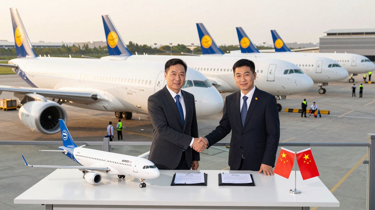 Dois homens em ternos apertam as mãos em negociação com aviões e bandeiras da China ao fundo no aeroporto.