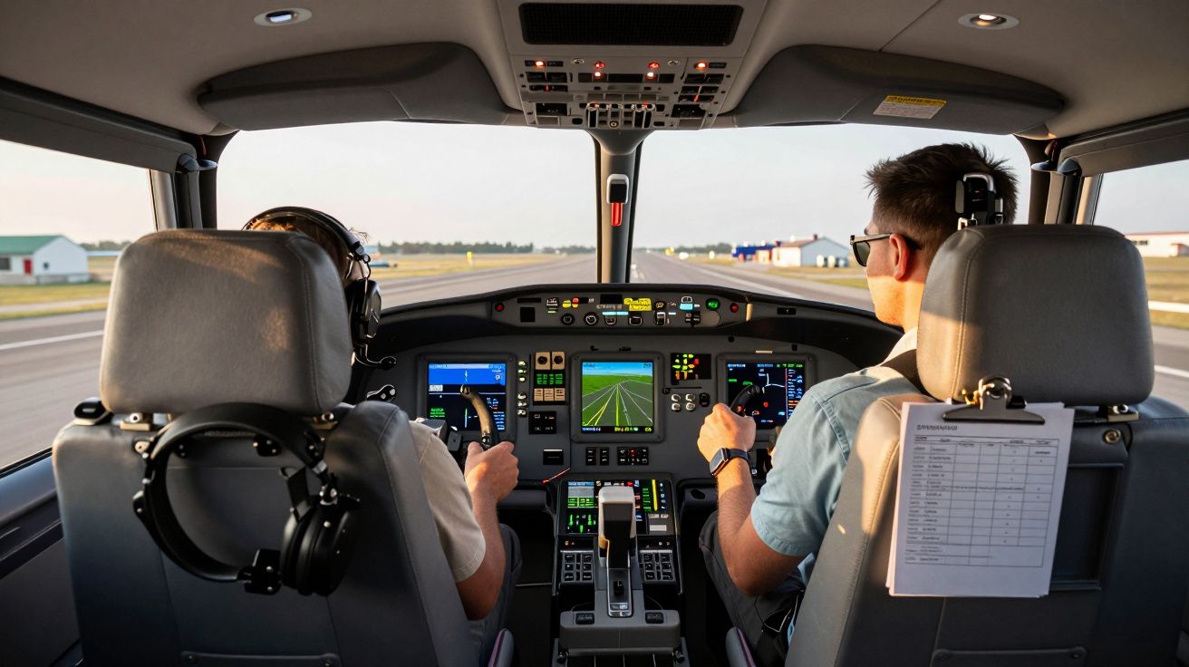 Dois pilotos dentro da cabine de comando de um avião ocupando os assentos dianteiros durante táxi de pista.