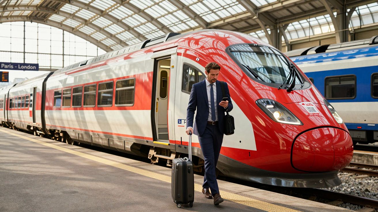 Homem de terno puxando mala e olhando celular ao lado de trem vermelho parado em estação coberta.