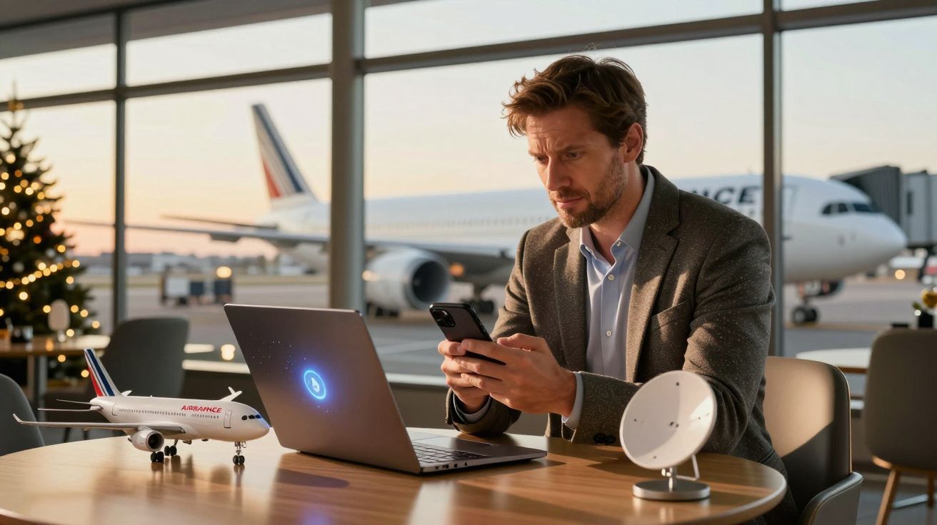 Homem usando celular e laptop em aeroporto, com avião Air France ao fundo e árvore de Natal decorada.