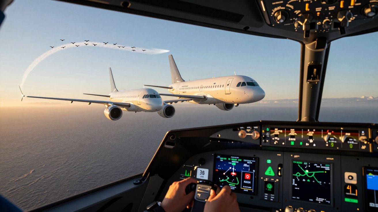 Vista do cockpit de avião com dois aviões voando sobre o oceano ao pôr do sol e pássaros ao fundo.