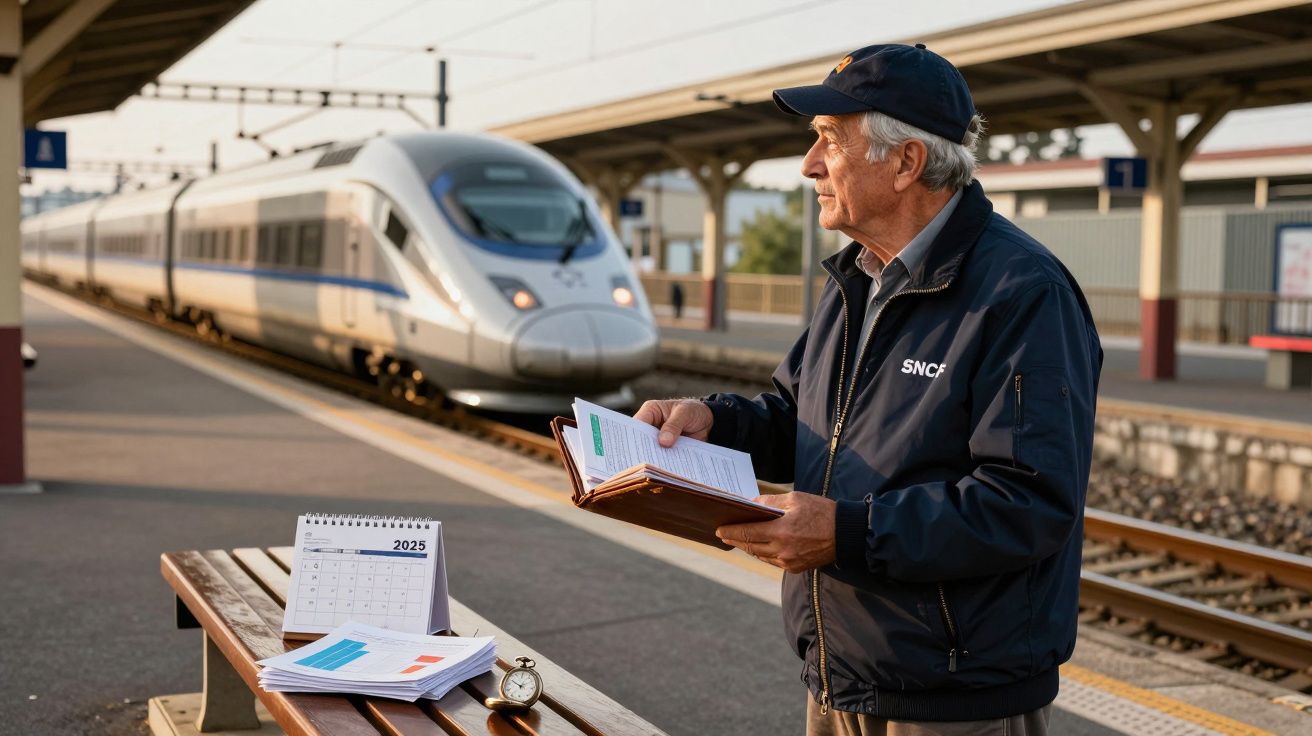 Homem idoso com jaqueta e boné observa trem de alta velocidade na plataforma da estação ferroviária.