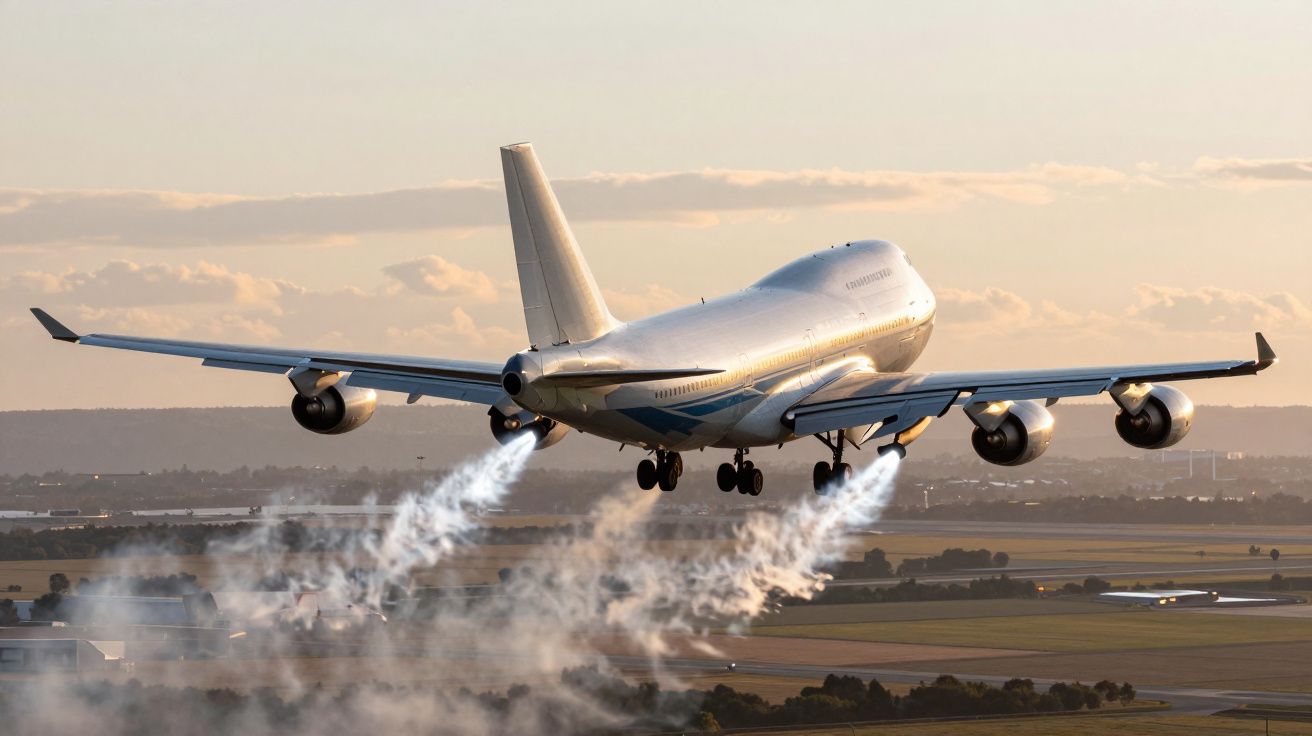 Avião de grande porte decolando ao pôr do sol com fumaça saindo dos motores sobre área verde.