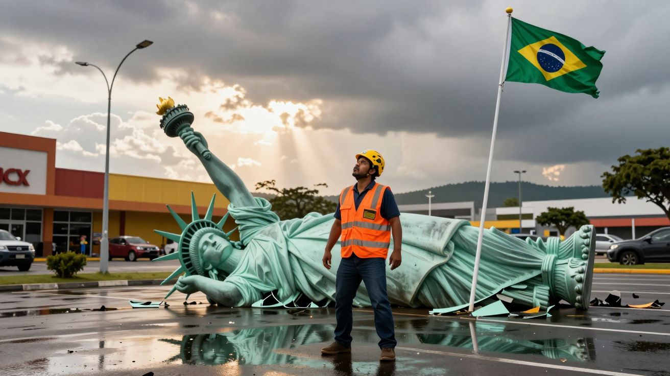 Homem com colete e capacete observa estátua da Liberdade caída ao lado de bandeira do Brasil em estacionamento.