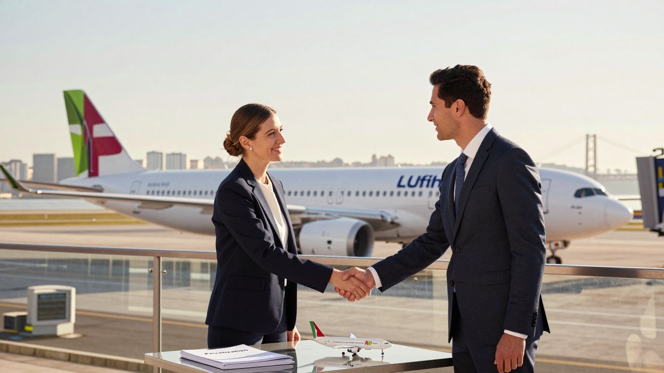 Dois profissionais de negócios apertando as mãos em um aeroporto com avião ao fundo.