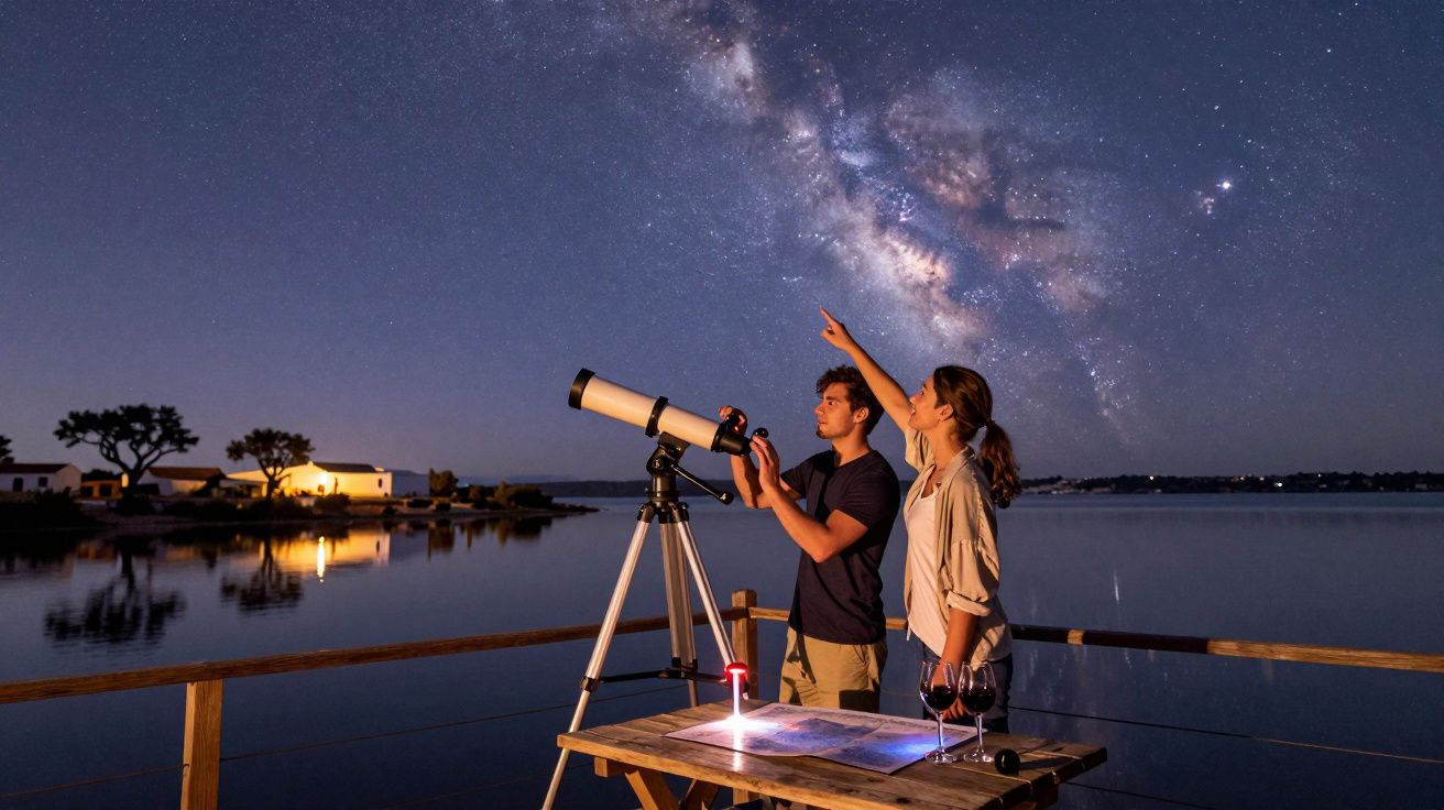 Casal observando estrelas com telescópio à beira de lago sob céu estrelado e Via Láctea visível.