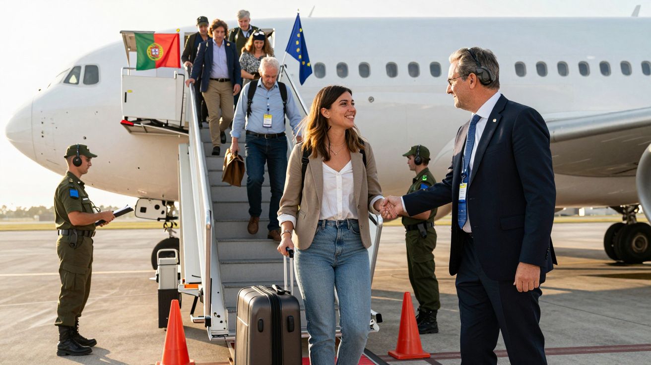 Grupo de pessoas descendo de avião com bandeiras de Portugal e União Europeia no aeroporto.
