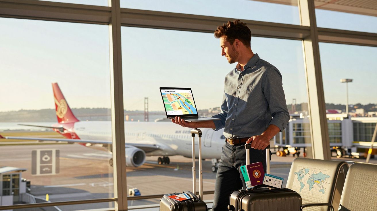 Homem em aeroporto com malas e laptop aberto mostrando mapa, aguardando voo perto da janela.