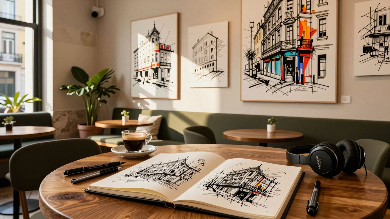Mesa de madeira com caderno de desenhos, café, fones e obras de arte urbana em galeria iluminada.