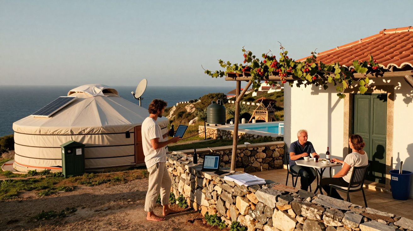 Pessoas em varanda de casa rústica ao lado de tenda redonda próxima ao mar em dia ensolarado.