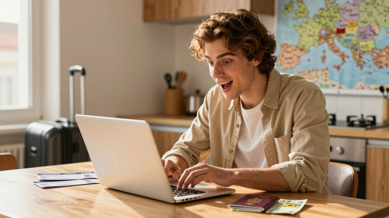 Jovem animado pesquisando passagens aéreas no laptop com passaporte e dinheiro sobre a mesa.