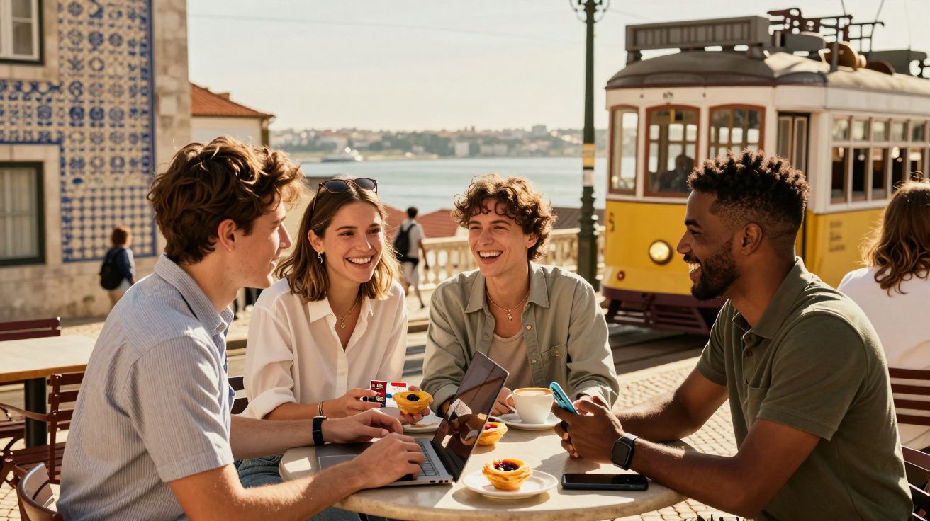 Grupo de jovens rindo em mesa de café ao ar livre com bondinho amarelo e vista para o rio ao fundo.