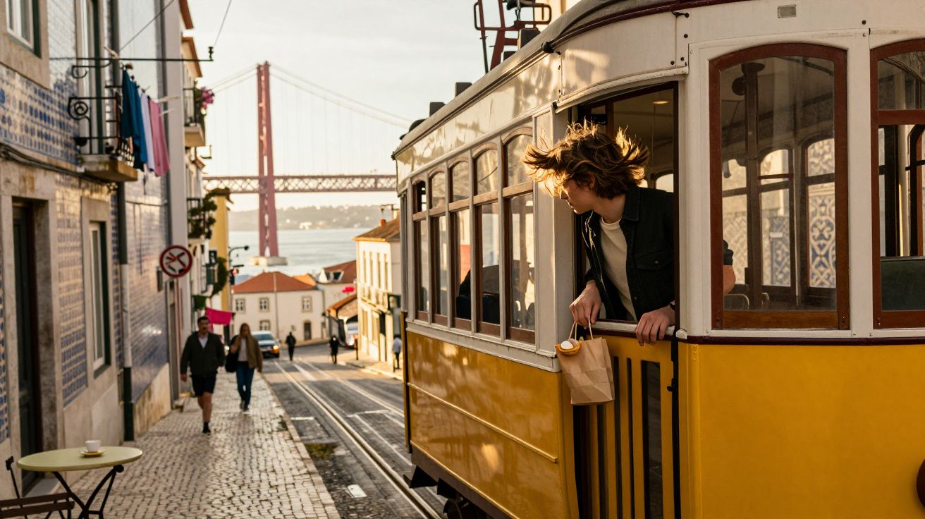 Pessoa olhando para fora de elétrico amarelo em rua inclinada com ponte ao fundo em Lisboa.