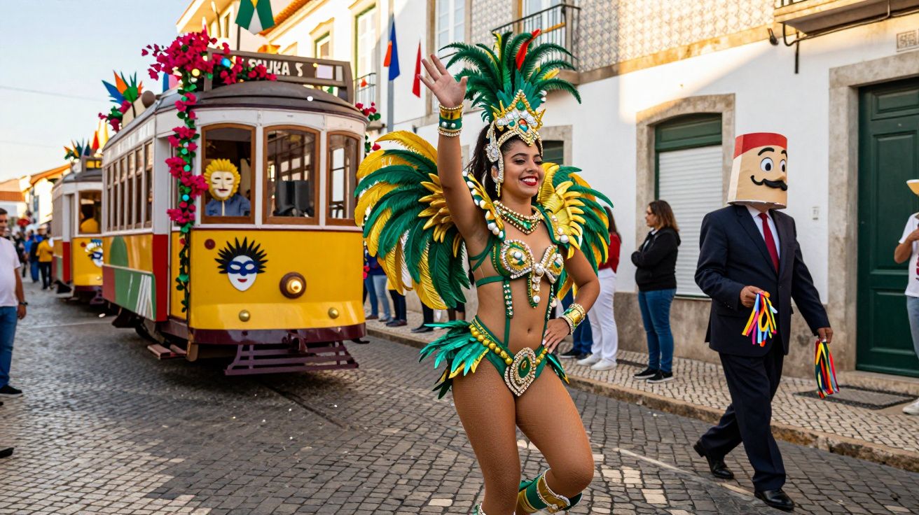 mulher com fantasia verde e amarela samba em desfile com bondes decorados ao fundo em rua de pedra