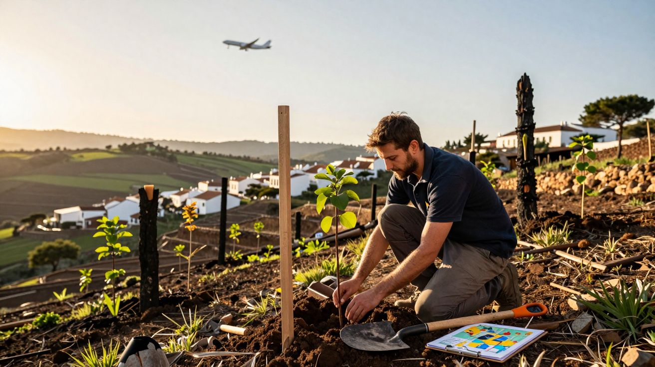 Homem plantando árvore jovem em terreno rural com aeronave sobrevoando ao fundo durante o pôr do sol.