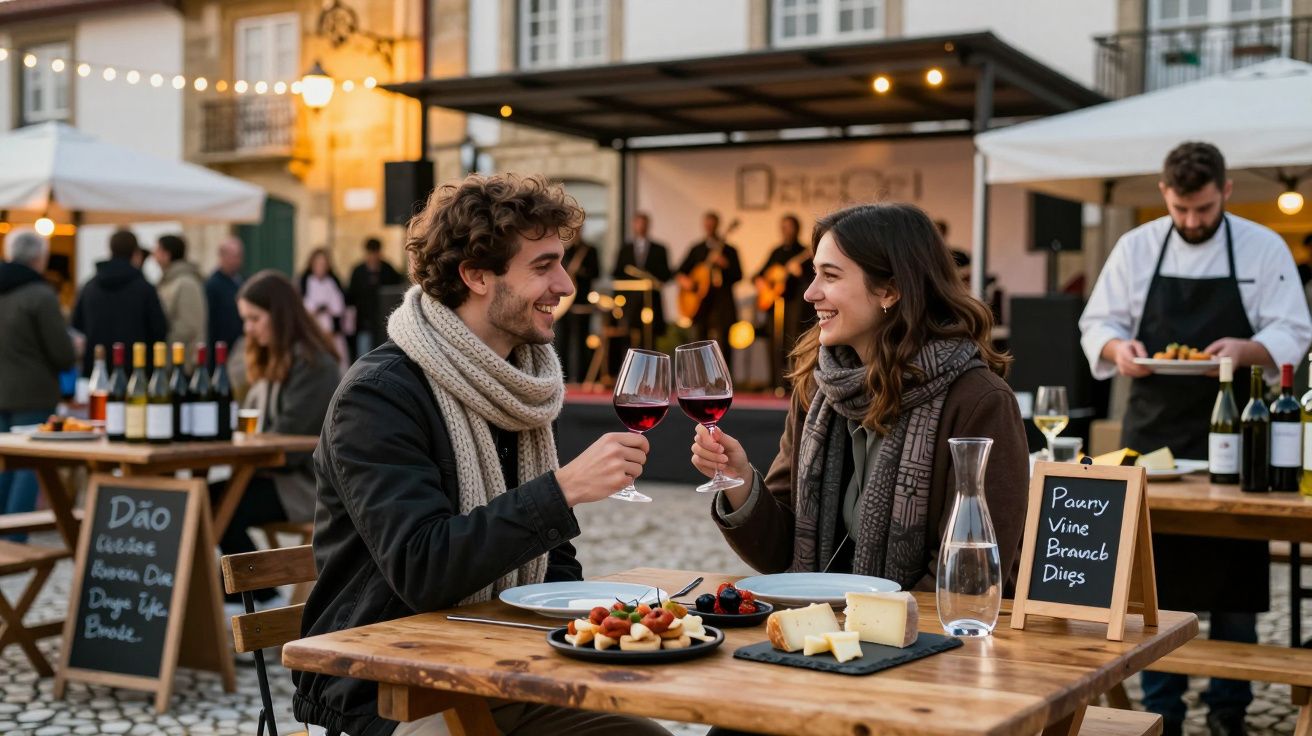 Casal brindando com taças de vinho tinto em mesa ao ar livre com petiscos e queijos em ambiente de feira gastronômica.