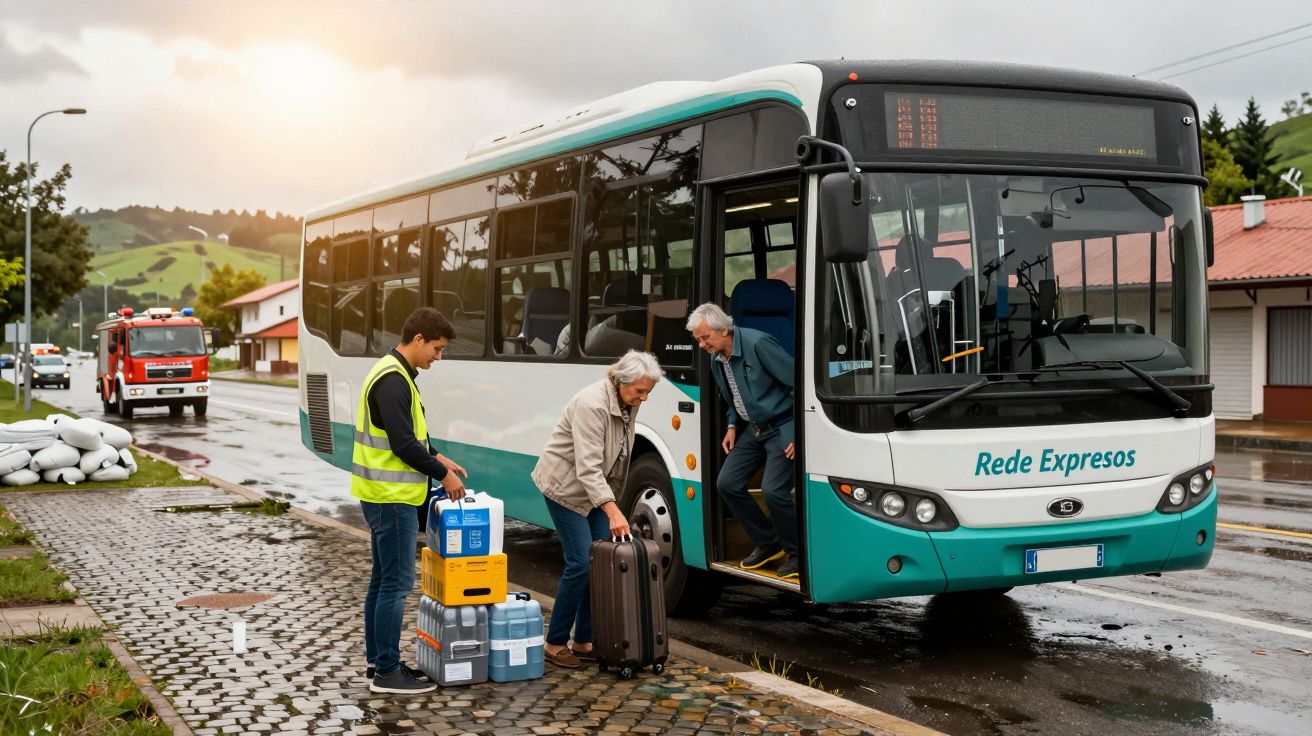 Pessoas embarcando em ônibus da Rede Expresos em dia chuvoso com malas na calçada molhada.