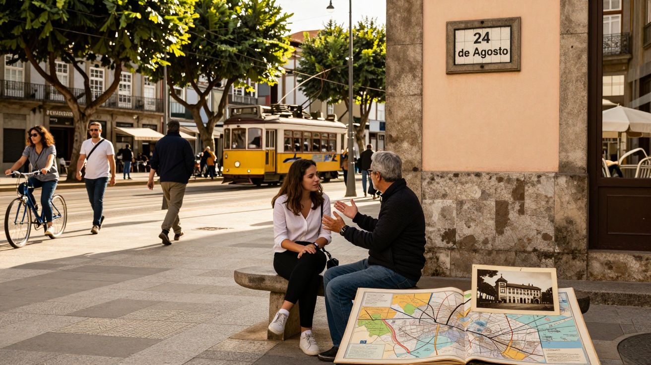 Pessoas conversando em banco de praça com mapa grande, bonde amarelo ao fundo e placa 24 de Agosto na parede.