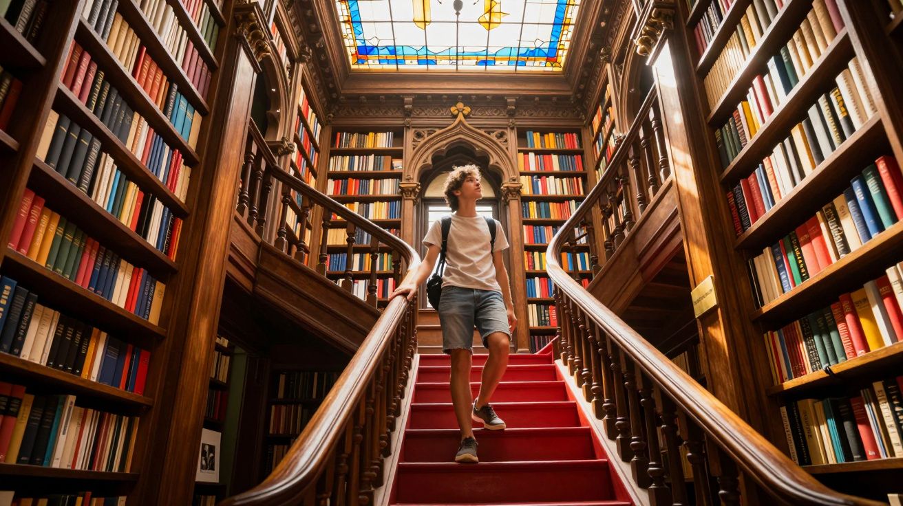 Jovem sobe escada vermelha em biblioteca clássica com estantes de madeira e teto de vitral colorido.