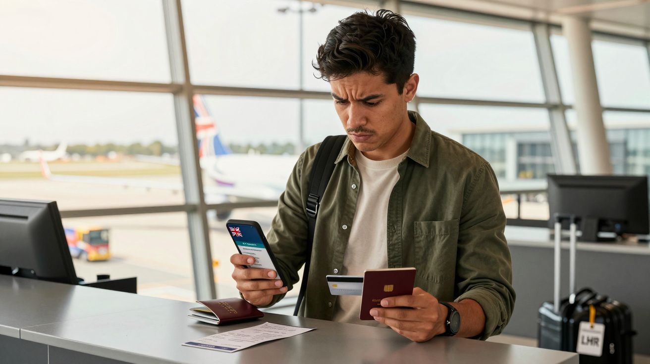 Homem em aeroporto usando celular e segurando passaporte e cartão de crédito na fila do check-in.