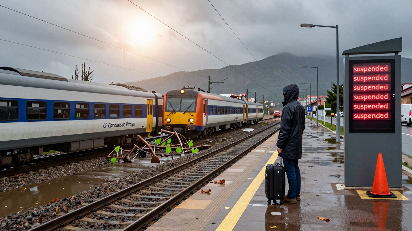 Homem de capa preta espera na plataforma de estação de trem com tela eletrônica mostrando "suspended" várias vezes.