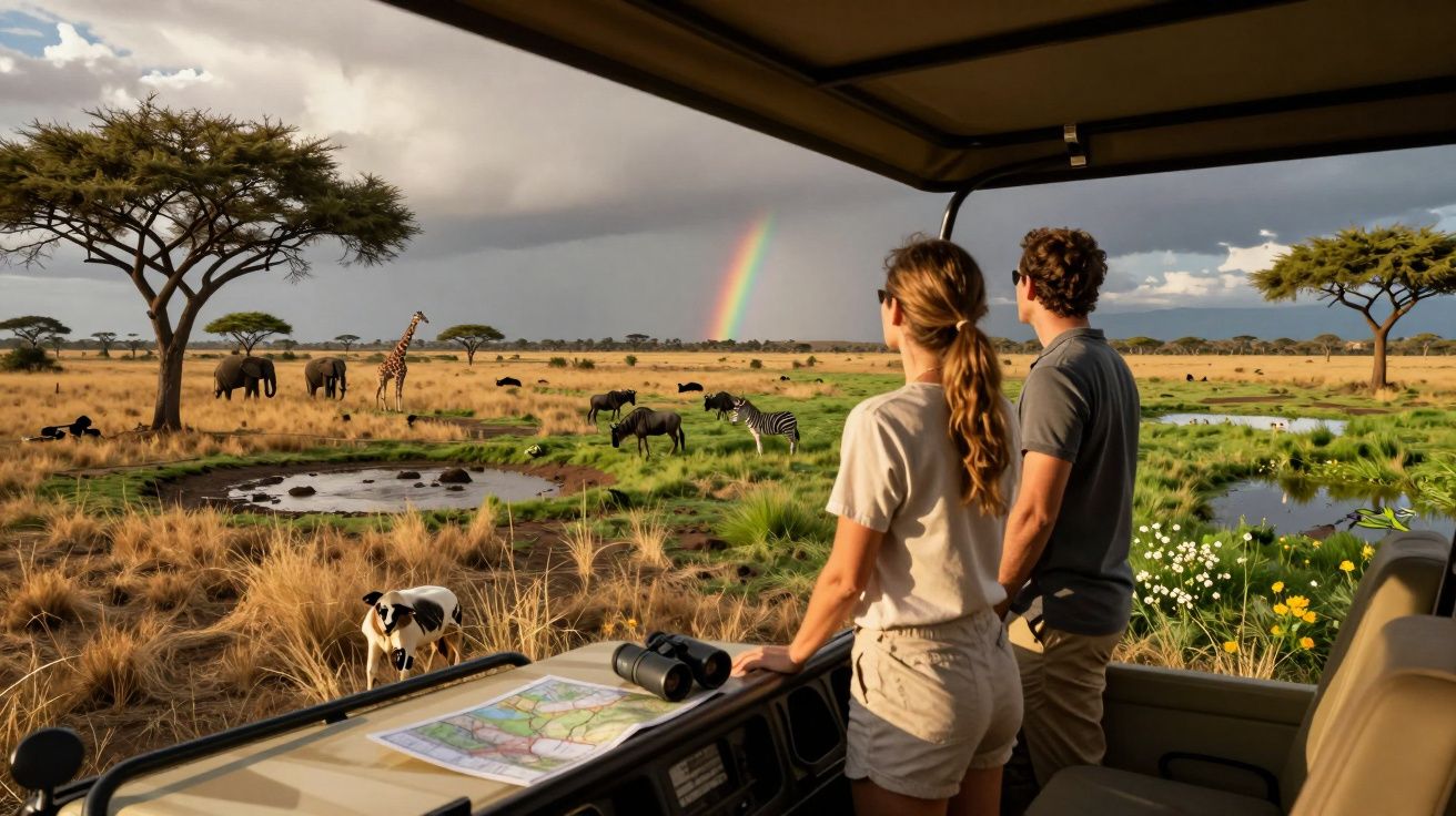 Casal observa animais selvagens e arco-íris em safári africano, com girafas, elefantes e zebras na savana.