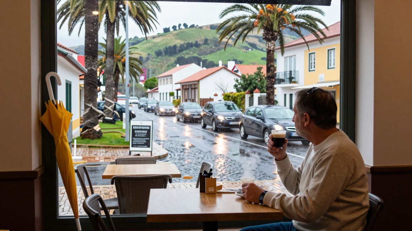 Homem sentado em cafeteria bebendo café, olhando para rua molhada com carros e palmeiras ao fundo.