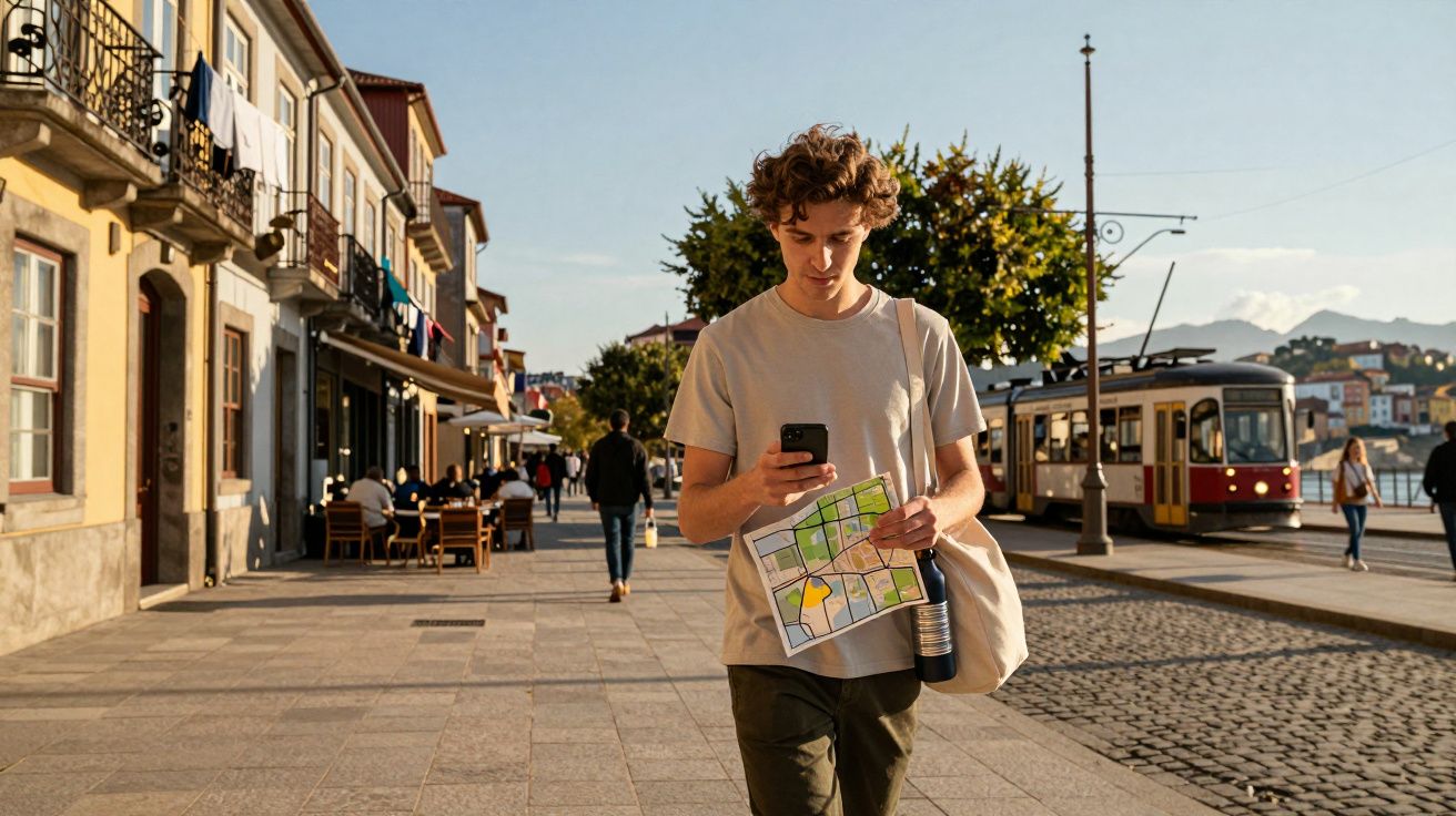 Jovem caminhando na rua com mapa e celular, prédio antigo e bonde ao fundo em dia ensolarado.
