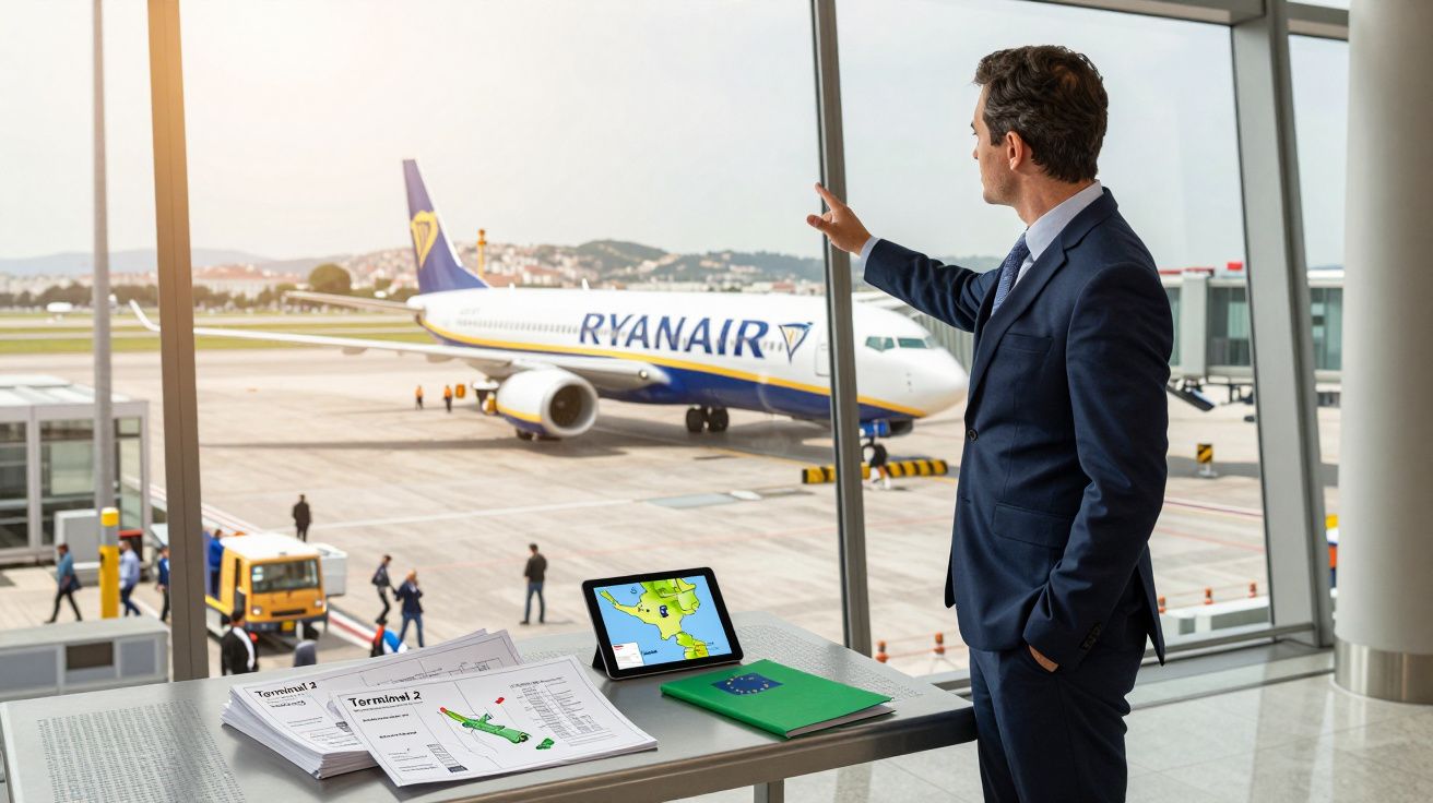 Homem de terno observa avião da Ryanair no portão do aeroporto com mapas e tablet sobre mesa ao lado.