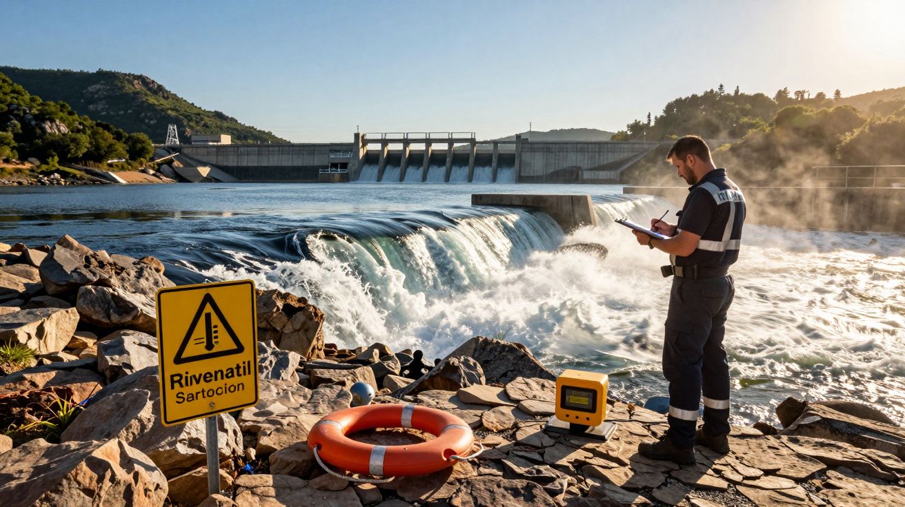Homem de uniforme fazendo anotações próximo a represa com sinal de alerta e boia salva-vidas à beira da água.