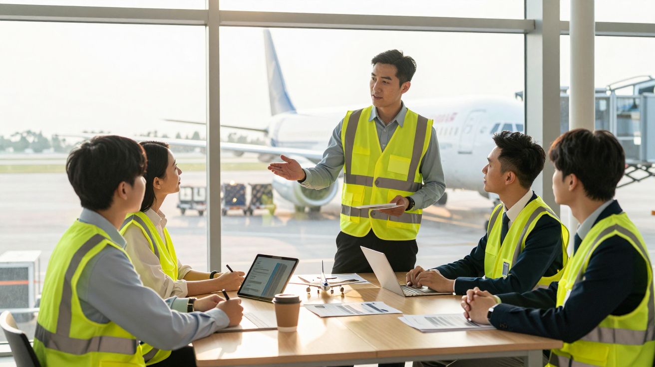 Equipe de profissionais com coletes refletivos discutindo planejamento em sala com avião ao fundo.