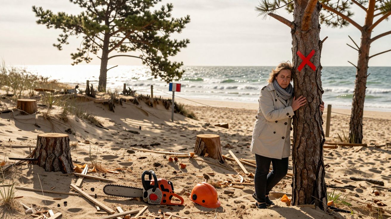 Mulher abraça árvore com X vermelho, em área arenosa com árvores cortadas e serra elétrica no chão.