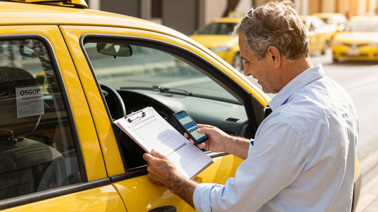 Homem com camisa branca usa celular e prancheta ao lado de táxi amarelo estacionado na rua.
