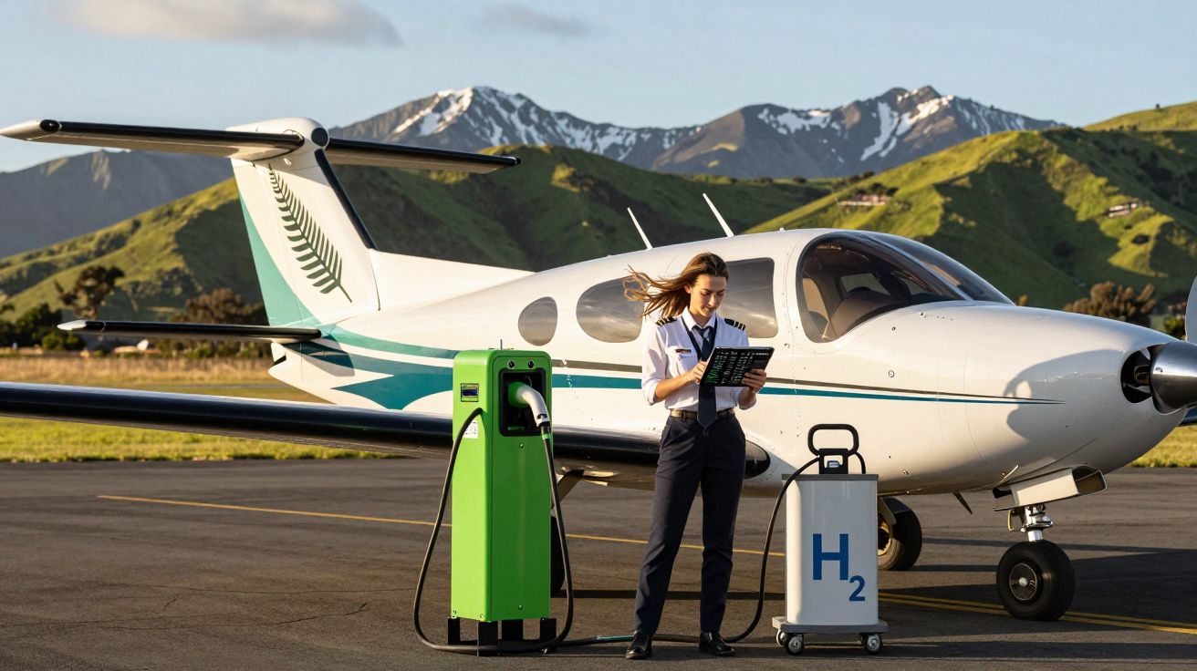 Mulher piloto verifica checklist ao lado de avião abastecido com hidrogênio em pista com montanhas ao fundo.