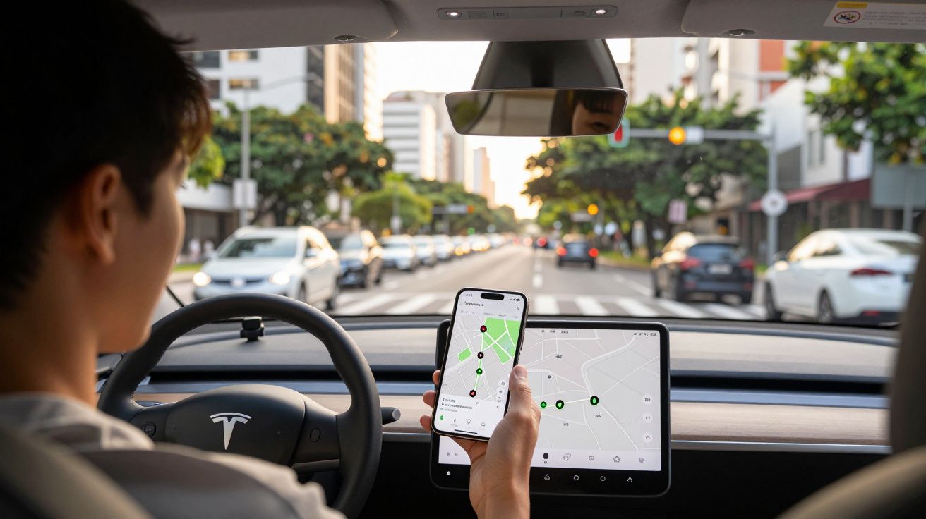 Pessoa dirigindo carro Tesla com aplicativo de mapa aberto no celular e na tela do painel.