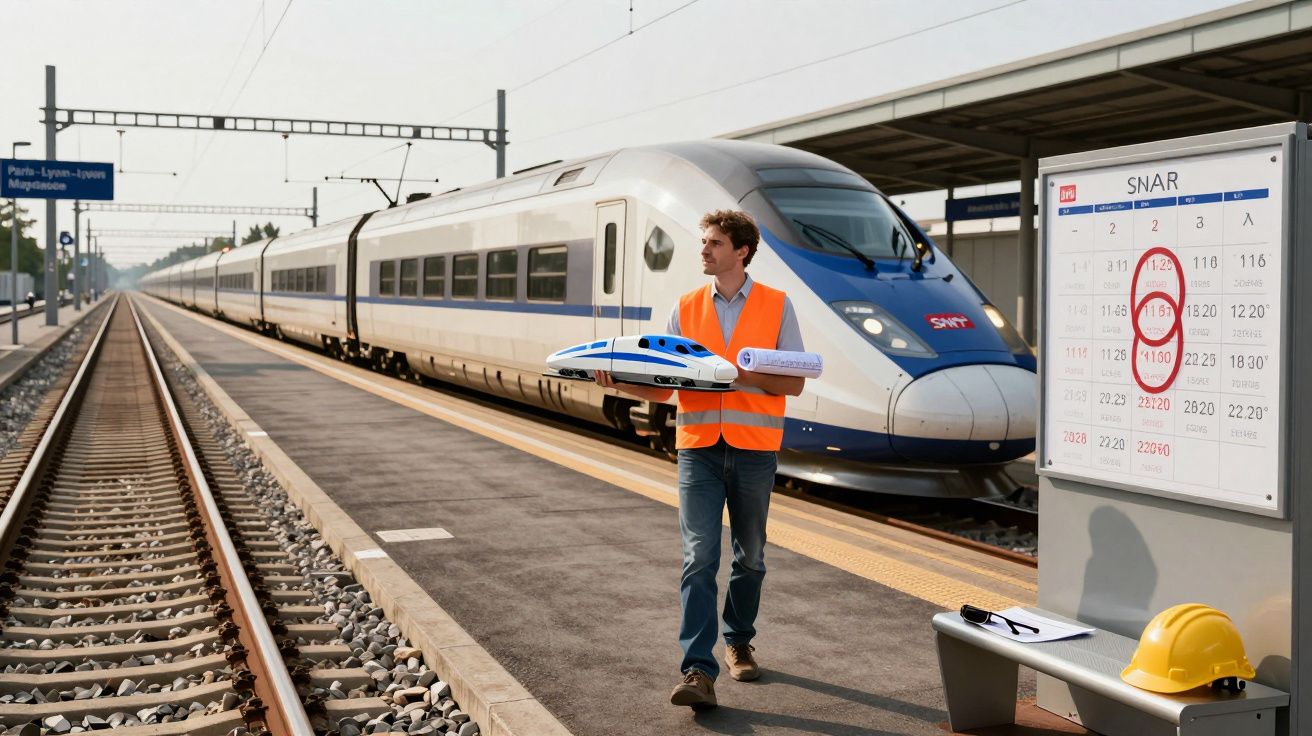 Homem com colete laranja caminha na plataforma de estação ferroviária segurando maquete de trem e plantas.