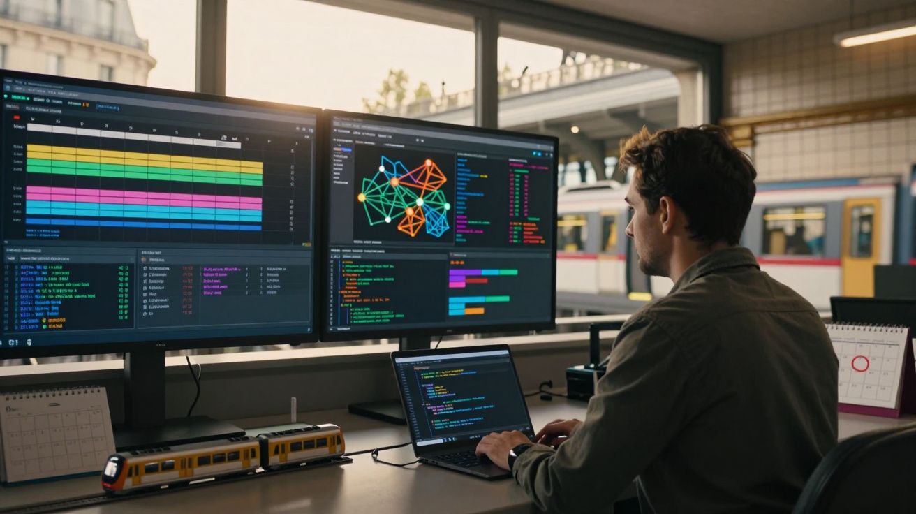 Homem trabalhando com código e gráficos em dois monitores e laptop, com janela e trem ao fundo.
