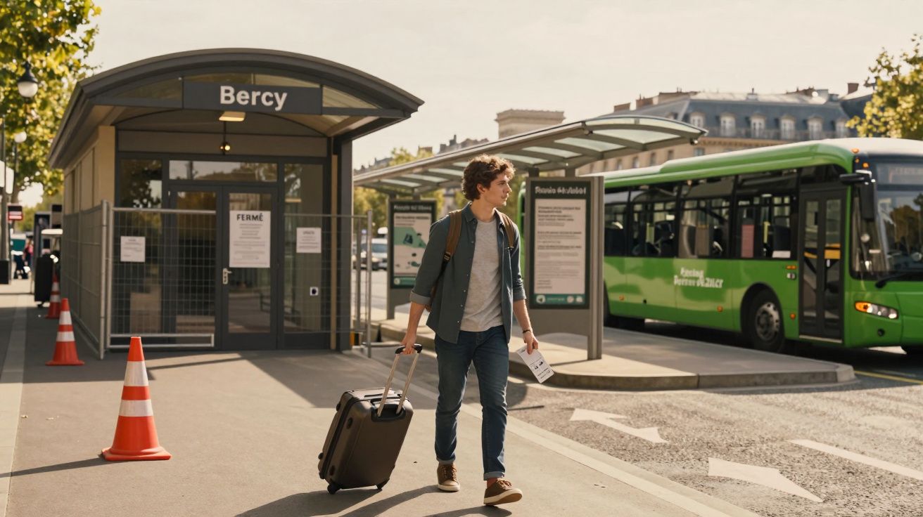 Homem jovem puxando mala na estação Bercy com ônibus verde ao fundo em dia ensolarado.