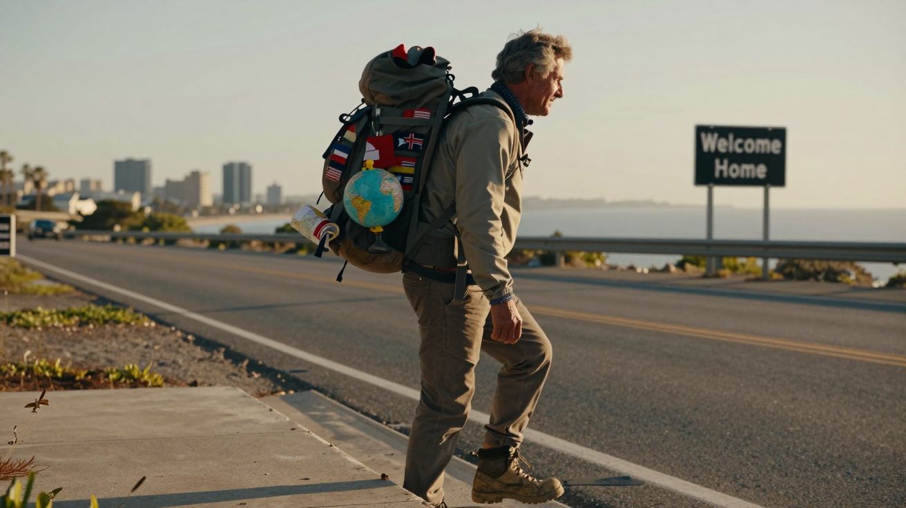 Homem com mochila grande cheia de mapas e globos caminha na estrada perto de placa escrito Welcome Home.
