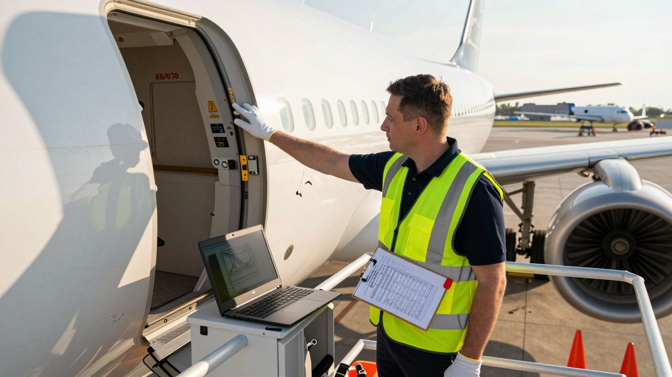 Técnico em segurança verifica entrada de avião com laptop e prancheta em aeroporto ao ar livre.