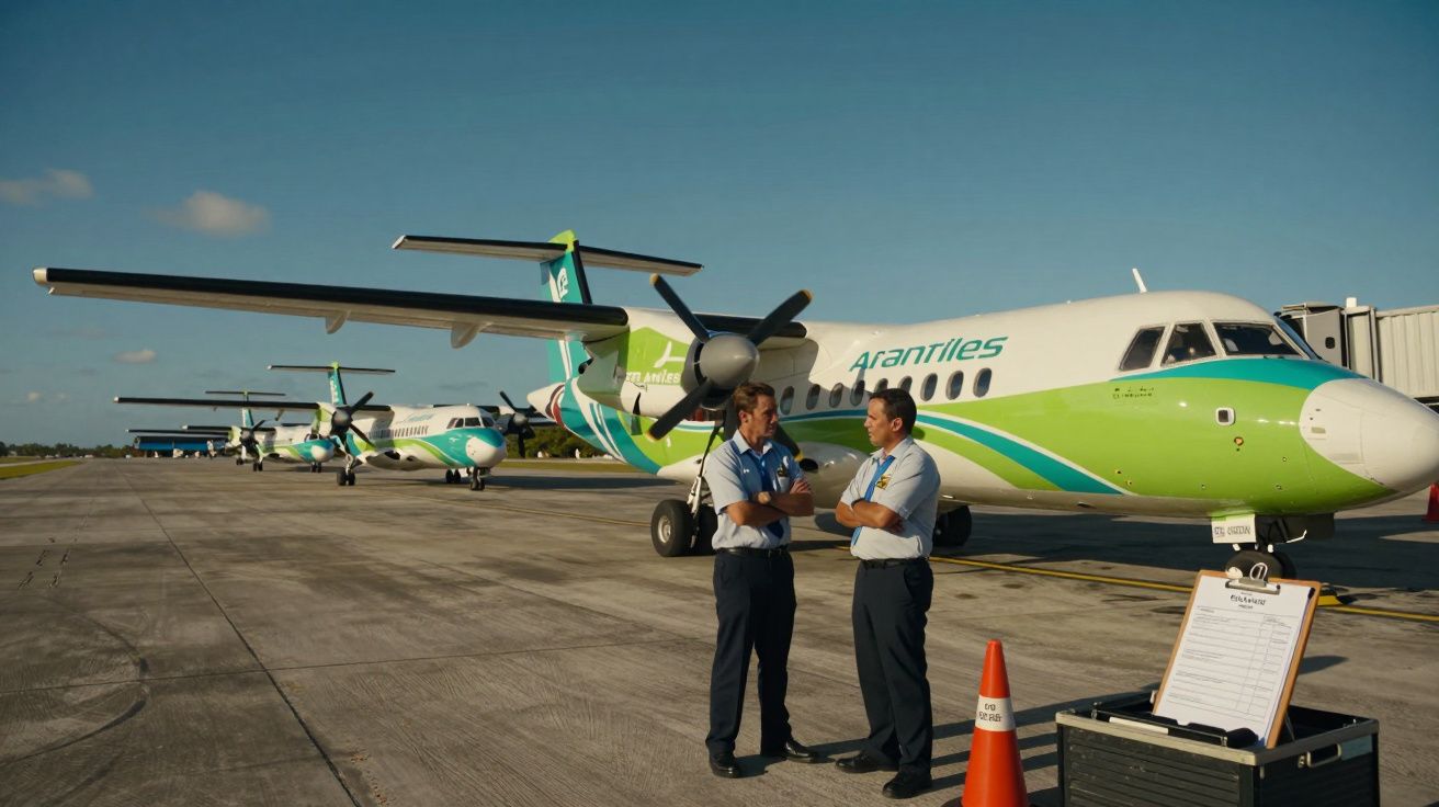 Dois pilotos conversam em pista diante de avião turboélice da companhia aérea Arantiles.