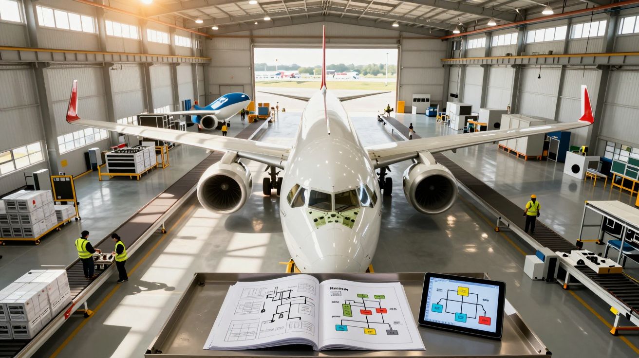 Aeronave branca em hangar com técnicos e telas mostrando diagramas de manutenção.