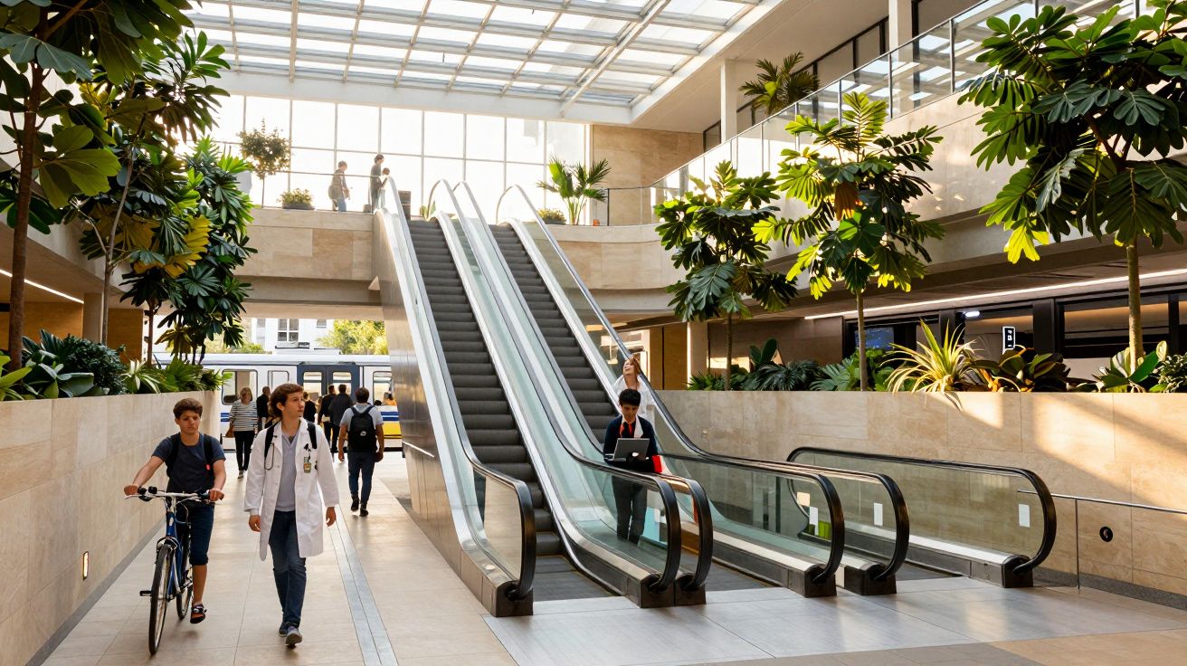 Hall moderno com escadas rolantes, plantas e pessoas caminhando e usando bicicleta.
