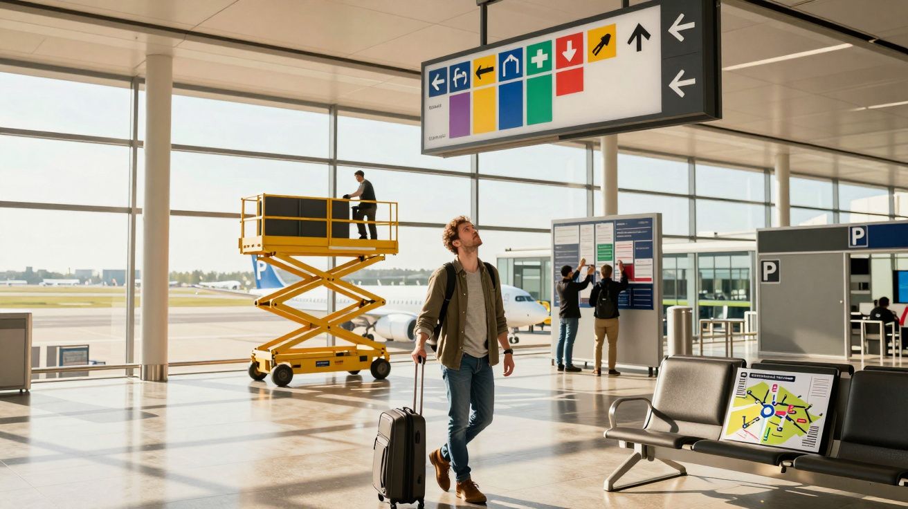 Passageiro caminha com mala puxável em aeroporto com equipe trabalhando e avião ao fundo.