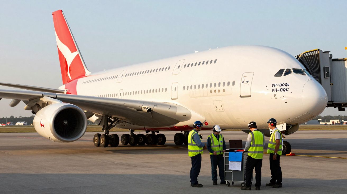 Avião Airbus A380 da Qantas parado no portão com quatro funcionários em coletes de segurança ao lado.